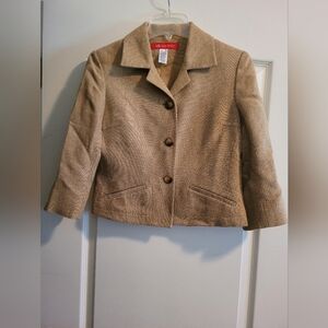 Anne Klein Tan Cropped Cotton Linen Blazer Notched Collar & 3/4 Length Sleeves